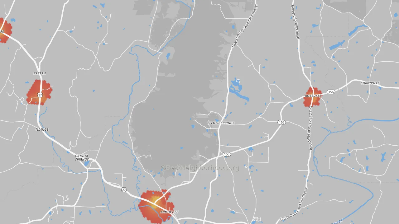 Walk Grade map of Armuchee, GA, walkable areas in green and car-dependent areas in red