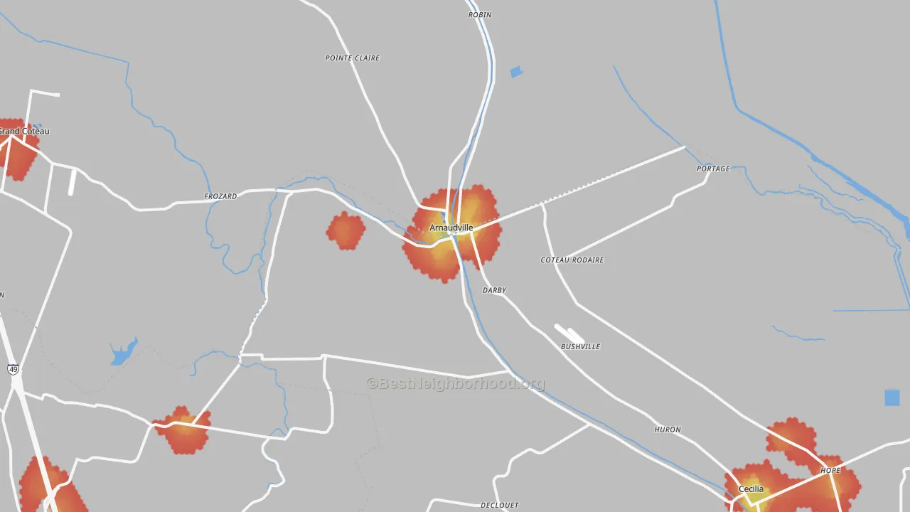 Walk Grade map of Arnaudville, LA, walkable areas in green and car-dependent areas in red