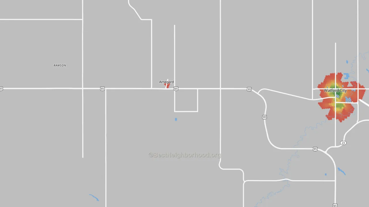 Walk Grade map of Arnegard, ND, walkable areas in green and car-dependent areas in red