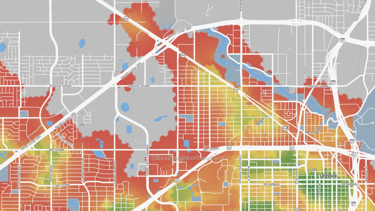 Walk Grade map of Arnett Benson, Lubbock, TX, walkable areas in green and car-dependent areas in red