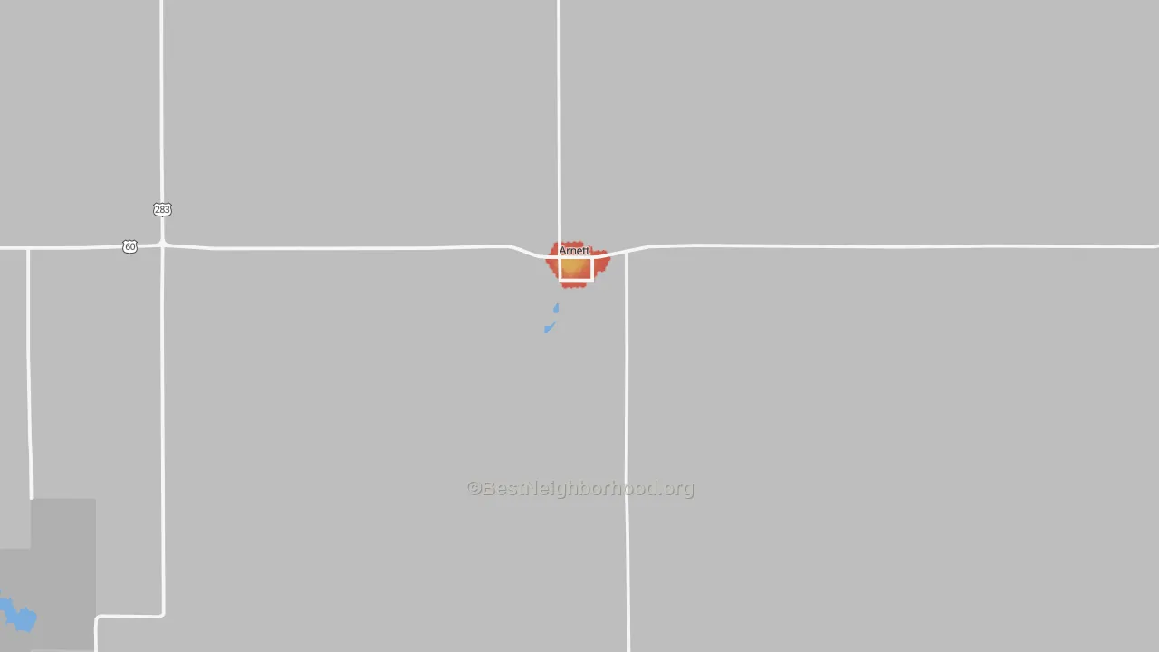 Walk Grade map of Arnett, OK, walkable areas in green and car-dependent areas in red