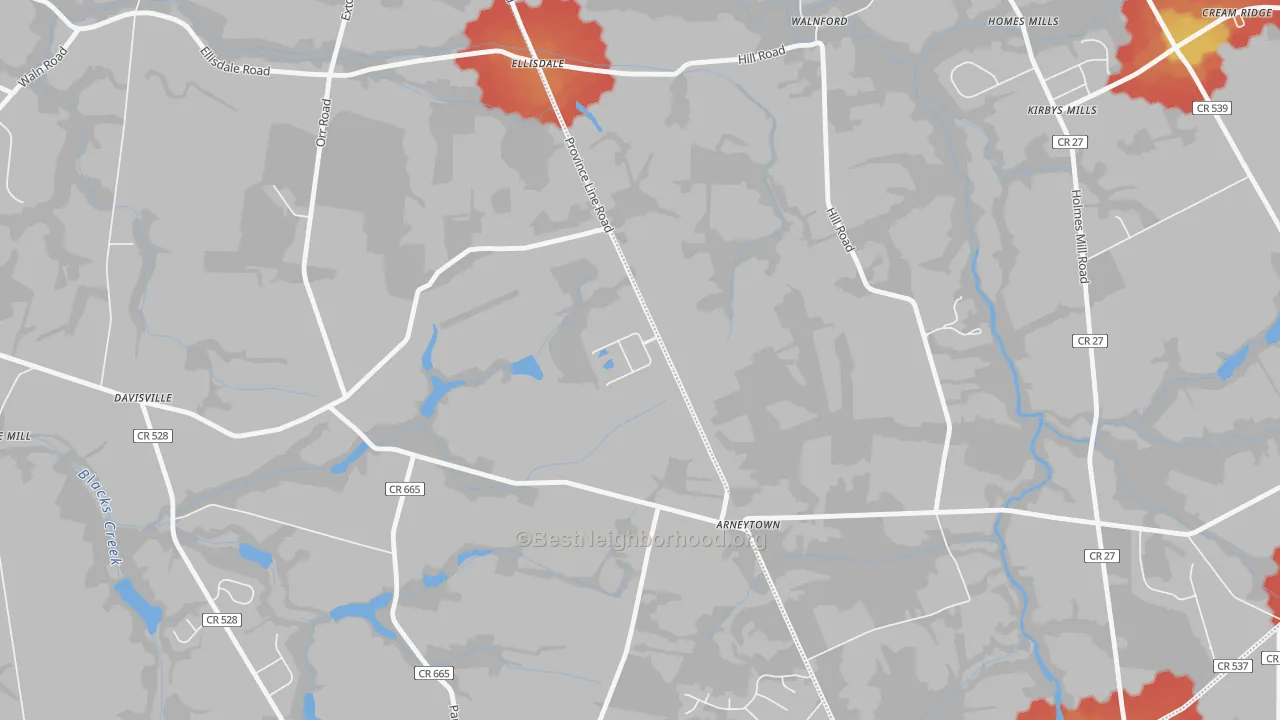 Walk Grade map of Arneytown, NJ, walkable areas in green and car-dependent areas in red