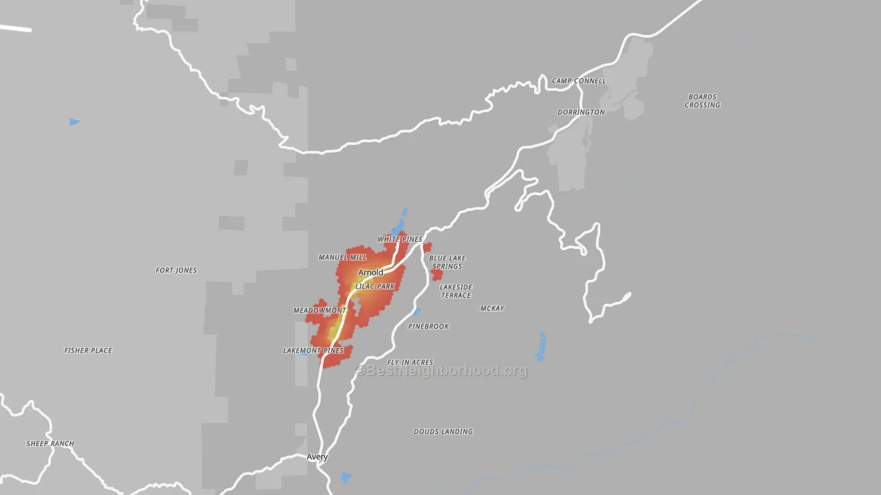 Walk Grade map of Arnold, CA, walkable areas in green and car-dependent areas in red