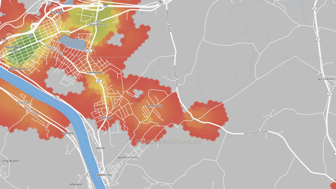 Walk Grade map of Arnold City, PA, walkable areas in green and car-dependent areas in red