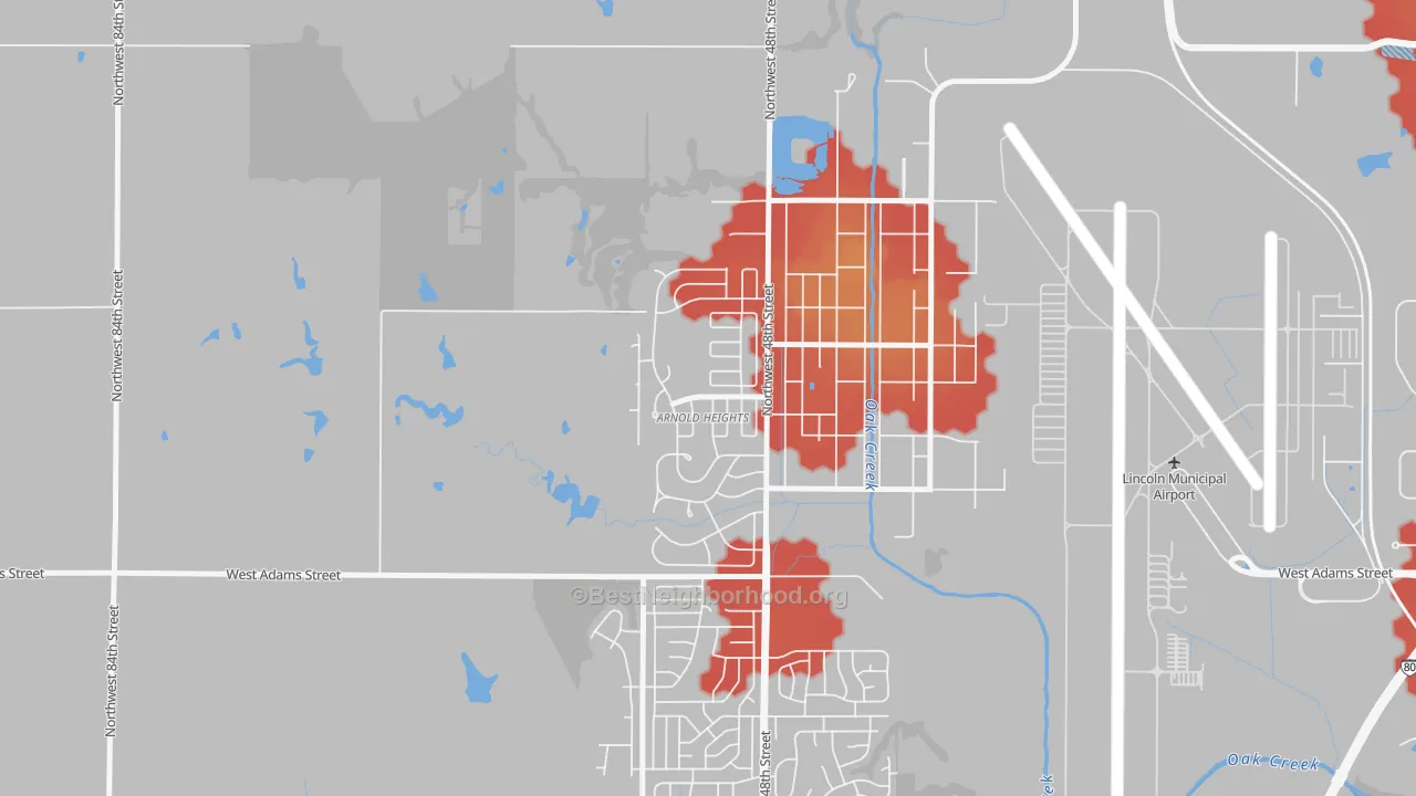 Walk Grade map of Arnold Heights, Lincoln, NE, walkable areas in green and car-dependent areas in red