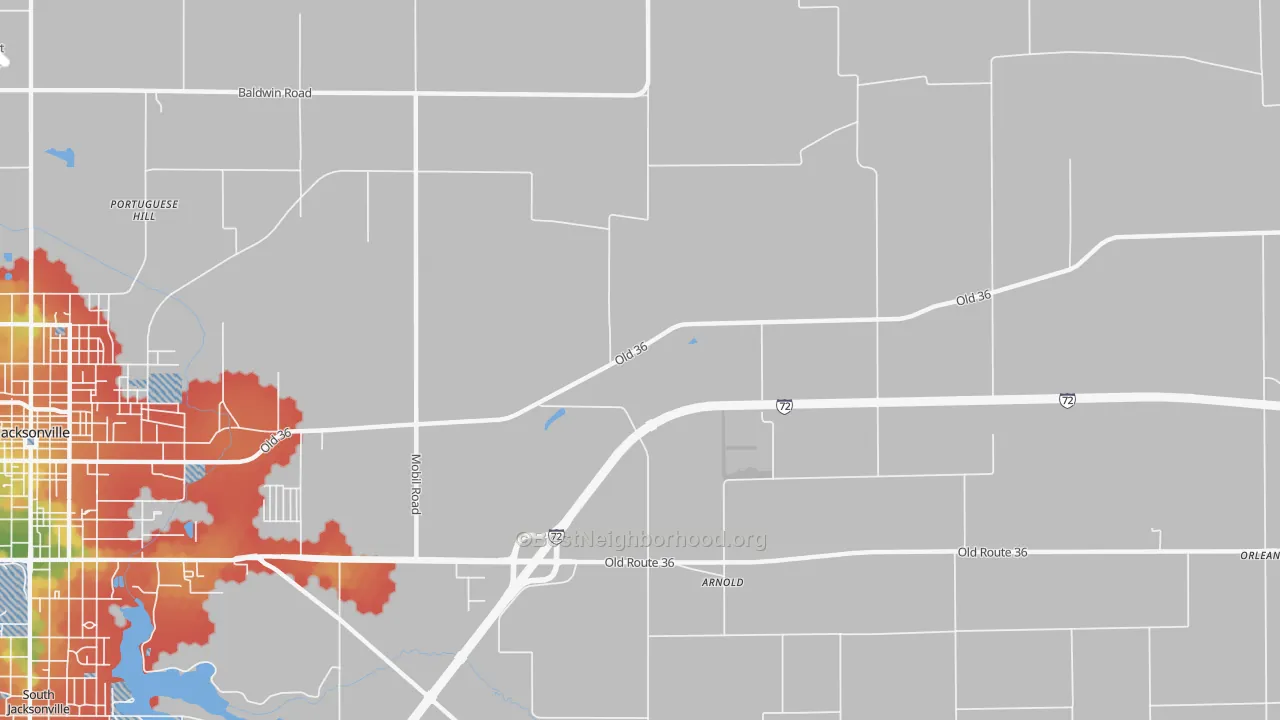 Walk Grade map of Arnold, IL, walkable areas in green and car-dependent areas in red