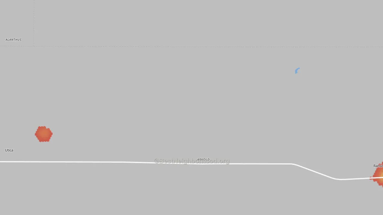 Walk Grade map of Arnold, KS, walkable areas in green and car-dependent areas in red
