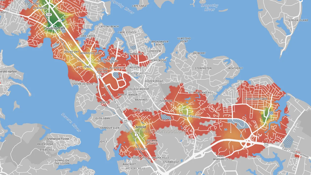 Walk Grade map of Arnold, MD, walkable areas in green and car-dependent areas in red