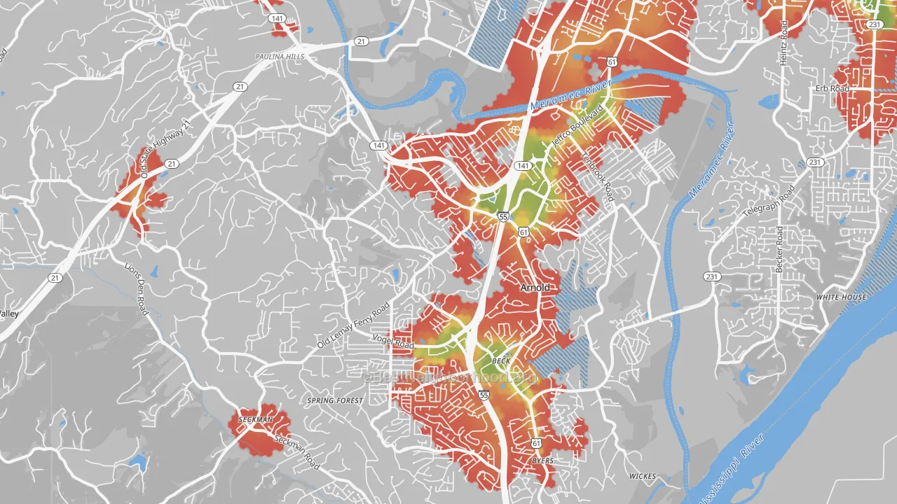 Walk Grade map of Arnold, MO, walkable areas in green and car-dependent areas in red