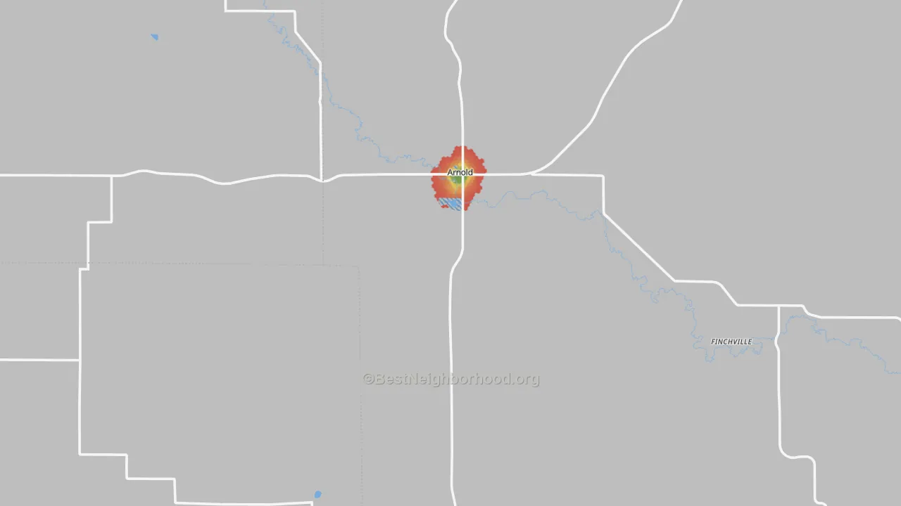 Walk Grade map of Arnold, NE, walkable areas in green and car-dependent areas in red