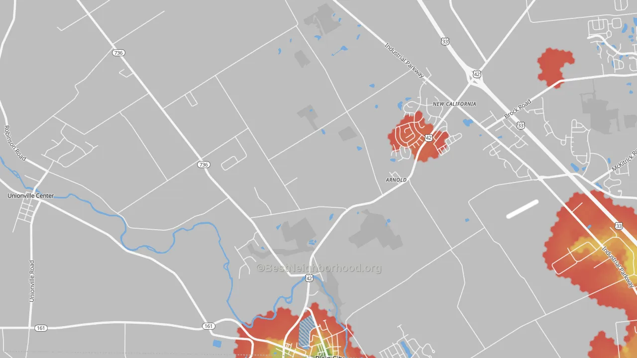Walk Grade map of Arnold, OH, walkable areas in green and car-dependent areas in red