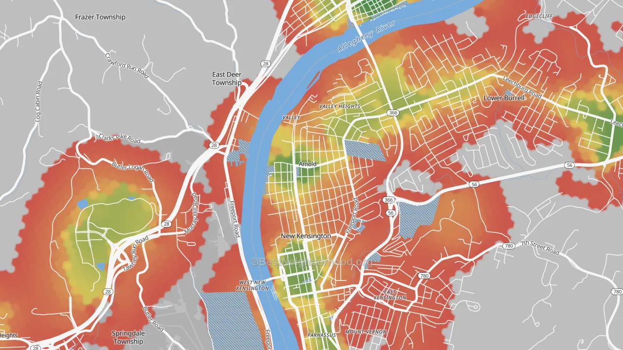Walk Grade map of Arnold, PA, walkable areas in green and car-dependent areas in red