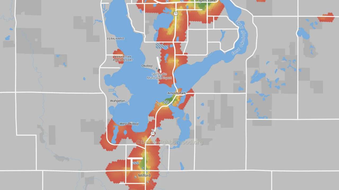Walk Grade map of Arnolds Park, IA, walkable areas in green and car-dependent areas in red
