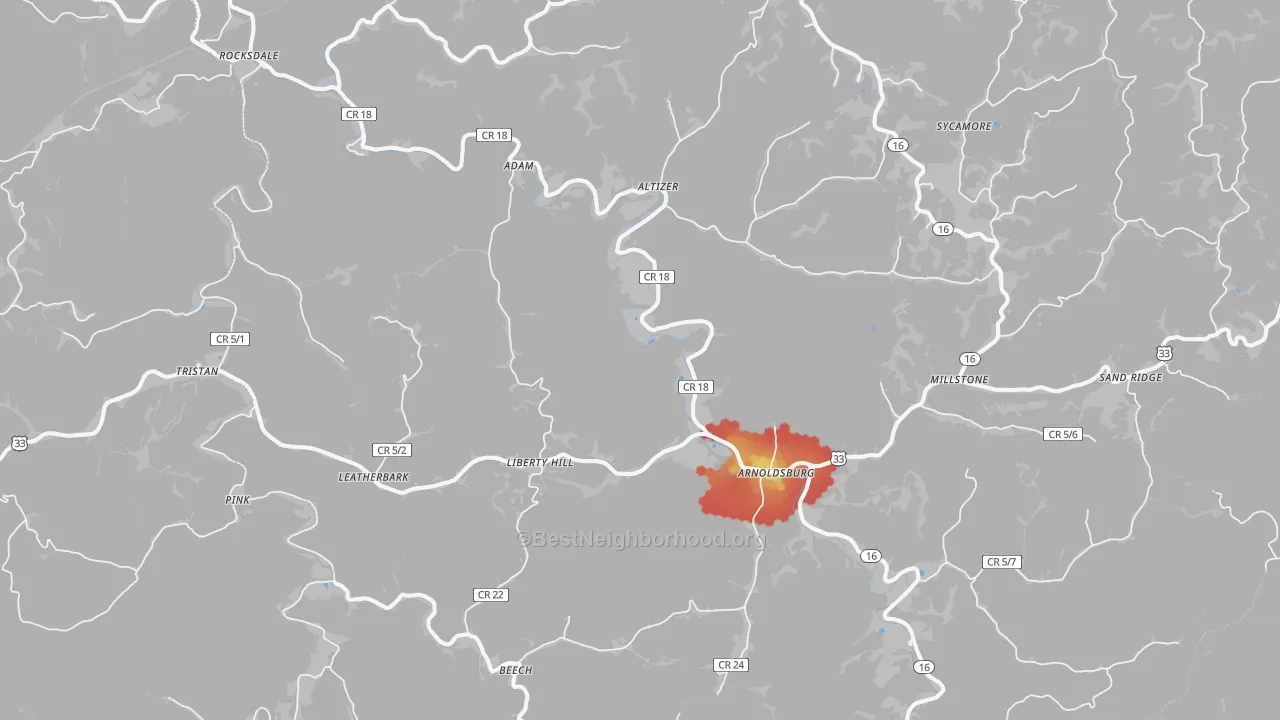 Walk Grade map of Arnoldsburg, WV, walkable areas in green and car-dependent areas in red
