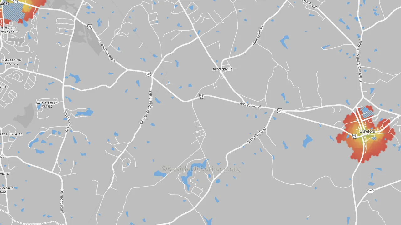 Walk Grade map of Arnoldsville, GA, walkable areas in green and car-dependent areas in red