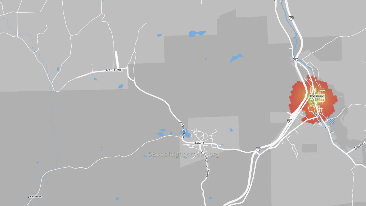 Walk Grade map of Arnot, PA, walkable areas in green and car-dependent areas in red