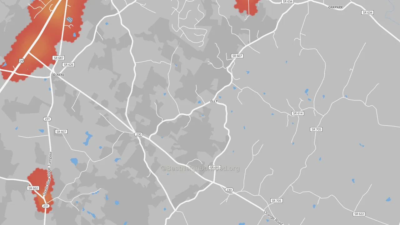 Walk Grade map of Aroda, VA, walkable areas in green and car-dependent areas in red