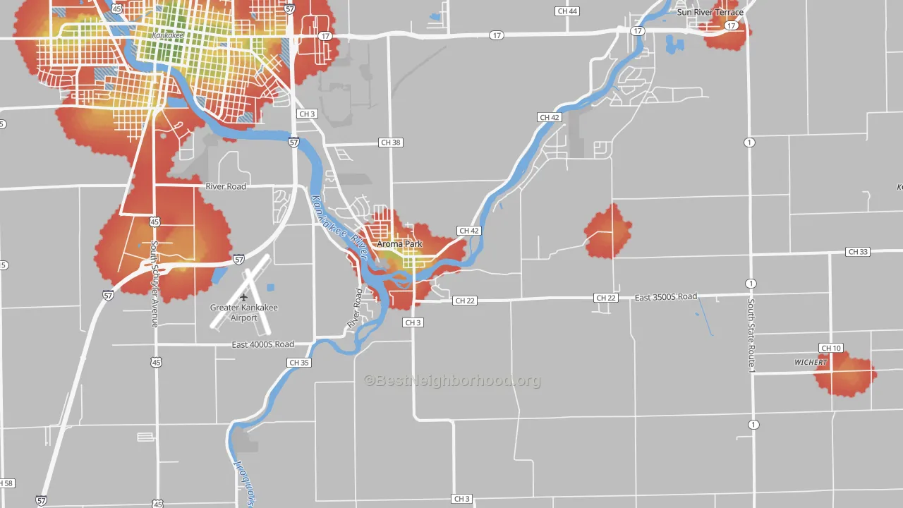 Walk Grade map of Aroma Park, IL, walkable areas in green and car-dependent areas in red
