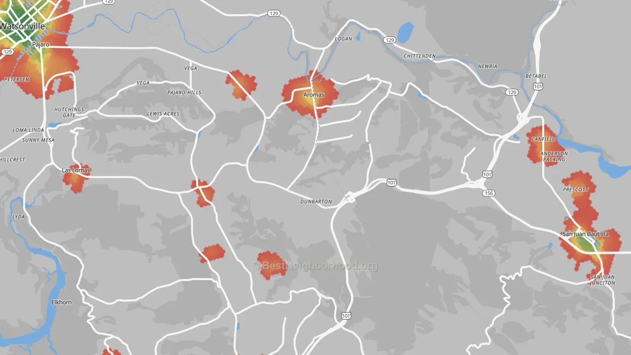 Walk Grade map of Aromas, CA, walkable areas in green and car-dependent areas in red