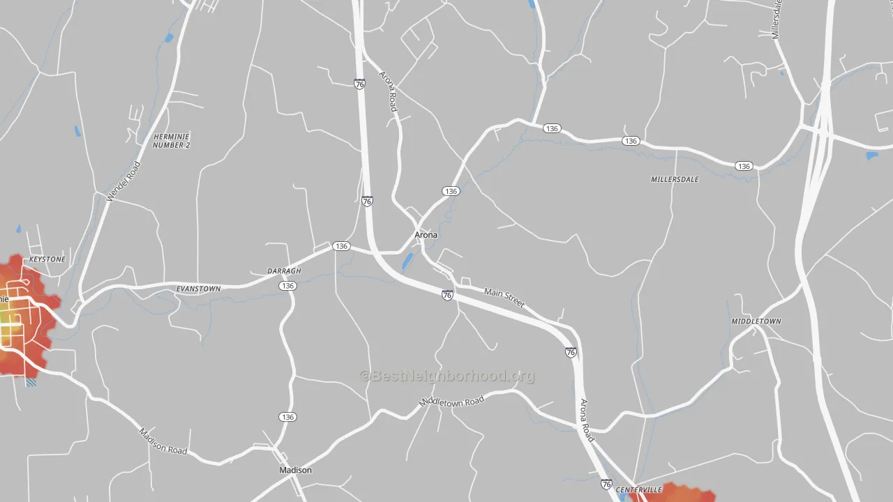 Walk Grade map of Arona, PA, walkable areas in green and car-dependent areas in red