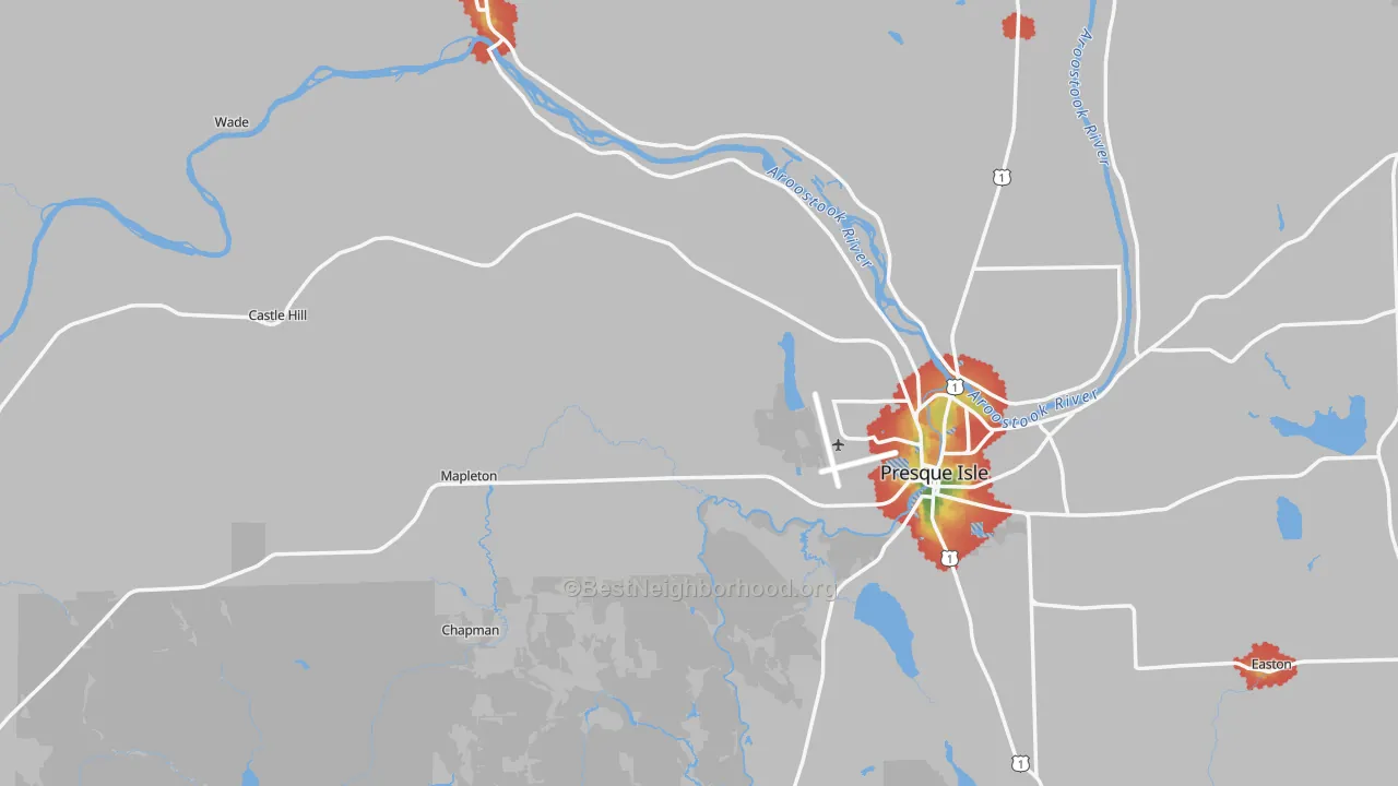 Walk Grade map of Aroostook County, ME, walkable areas in green and car-dependent areas in red
