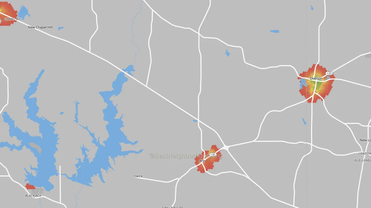 Walk Grade map of Arp, TX, walkable areas in green and car-dependent areas in red