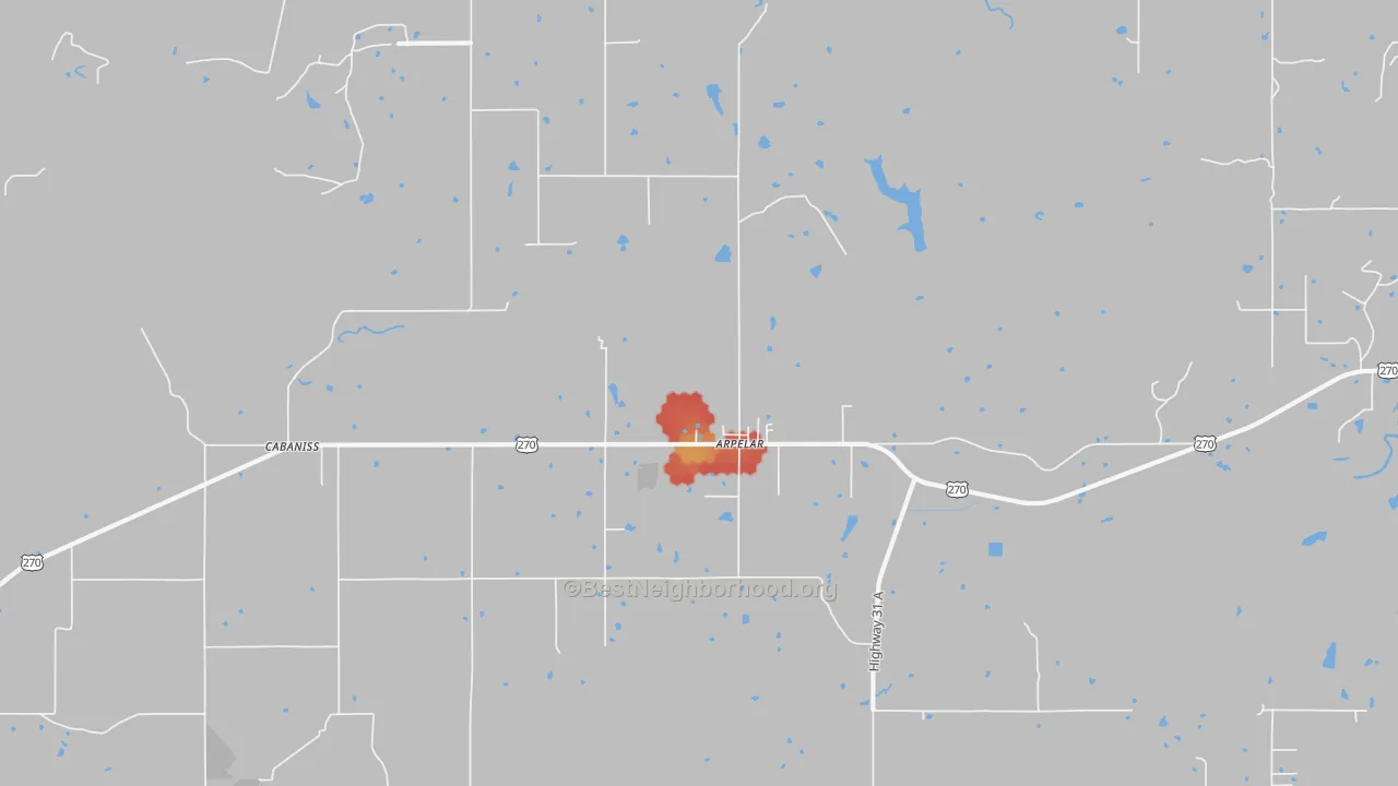 Walk Grade map of Arpelar, OK, walkable areas in green and car-dependent areas in red