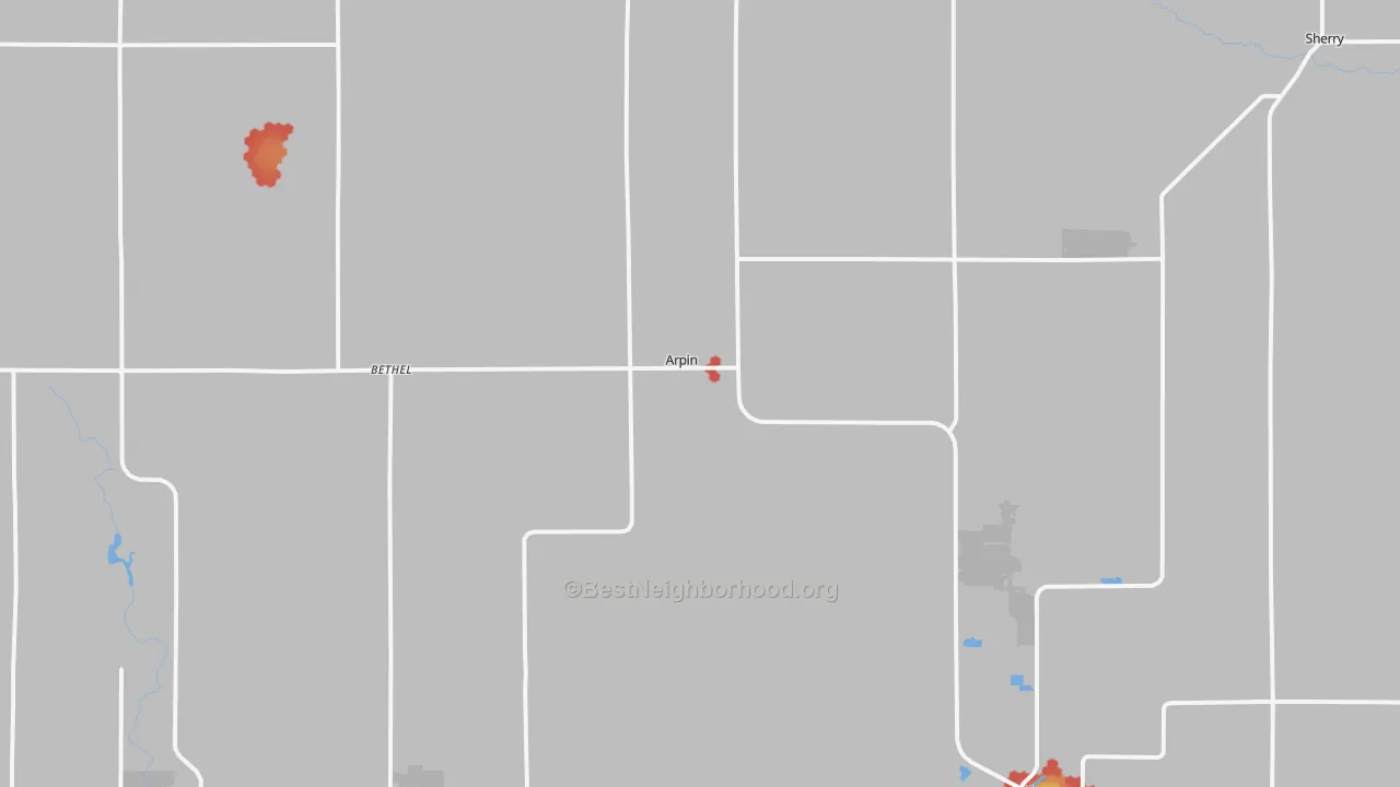 Walk Grade map of Arpin, WI, walkable areas in green and car-dependent areas in red