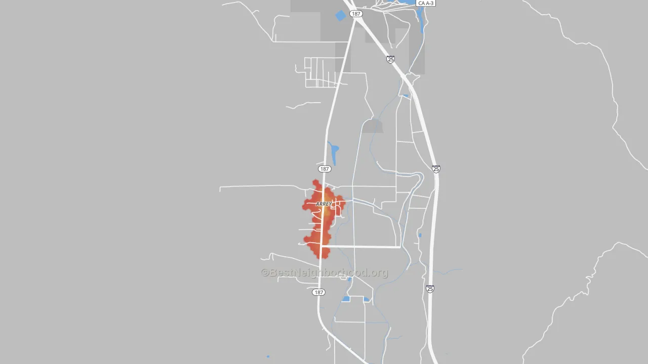 Walk Grade map of Arrey, NM, walkable areas in green and car-dependent areas in red