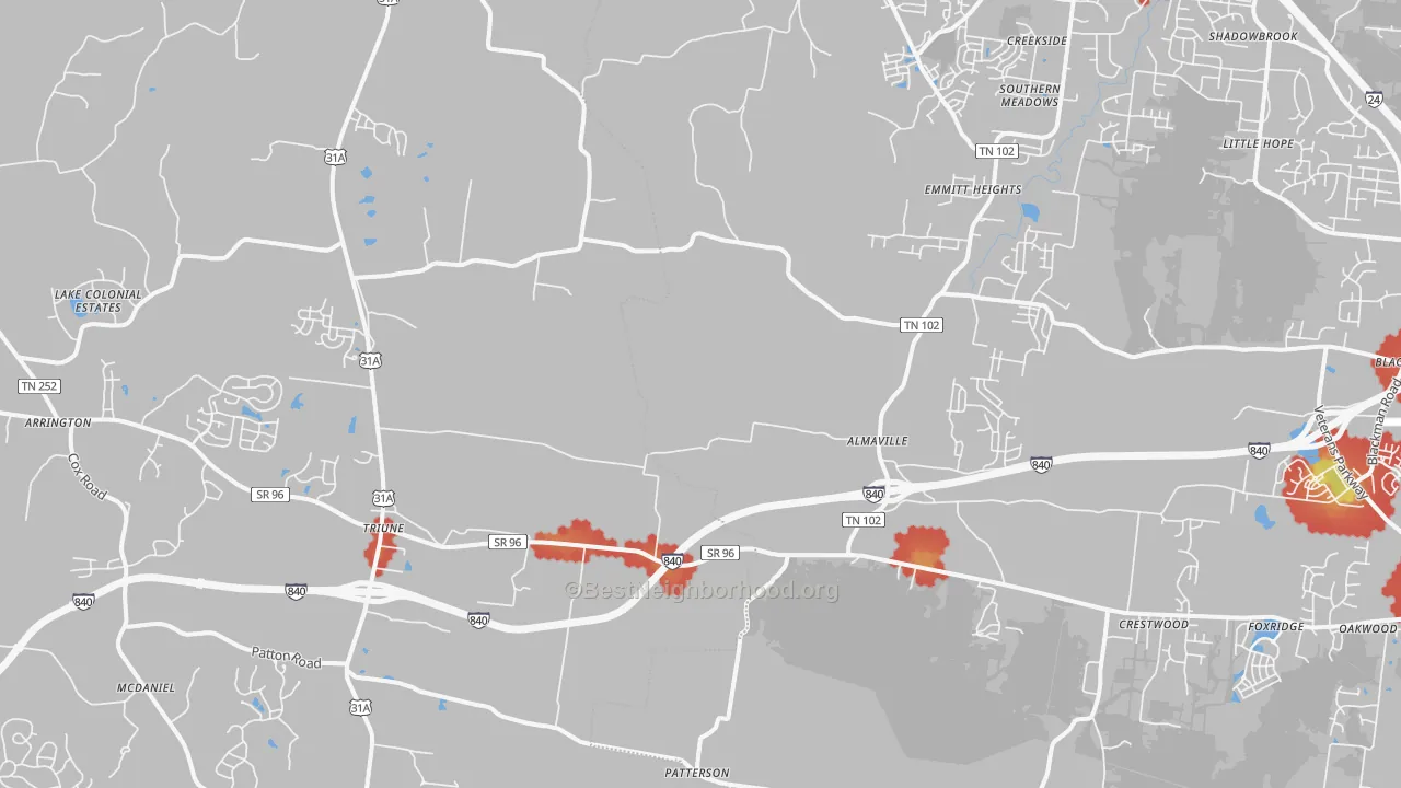 Walk Grade map of Arrington, TN, walkable areas in green and car-dependent areas in red