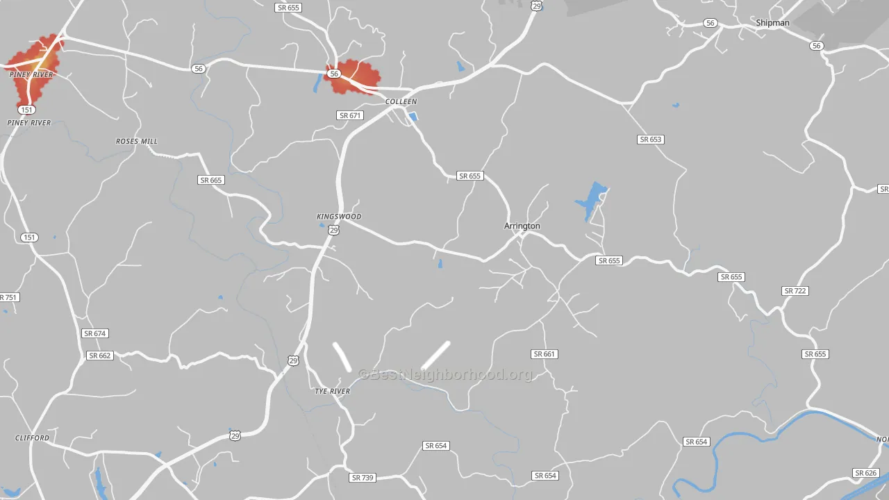 Walk Grade map of Arrington, VA, walkable areas in green and car-dependent areas in red
