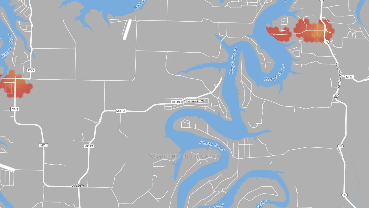 Walk Grade map of Arrow Point, MO, walkable areas in green and car-dependent areas in red
