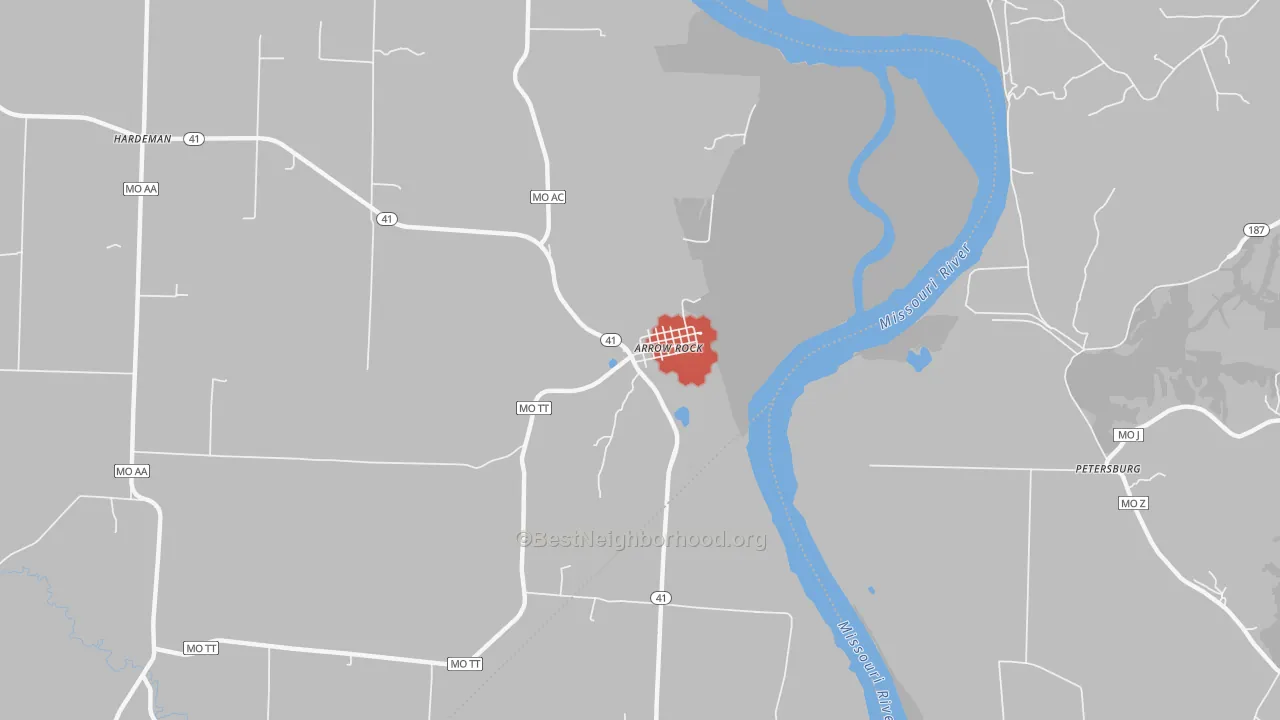 Walk Grade map of Arrow Rock, MO, walkable areas in green and car-dependent areas in red