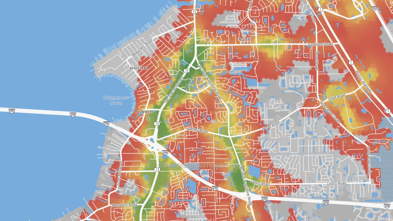 Walk Grade map of Arrowhead, Jacksonville, FL, walkable areas in green and car-dependent areas in red