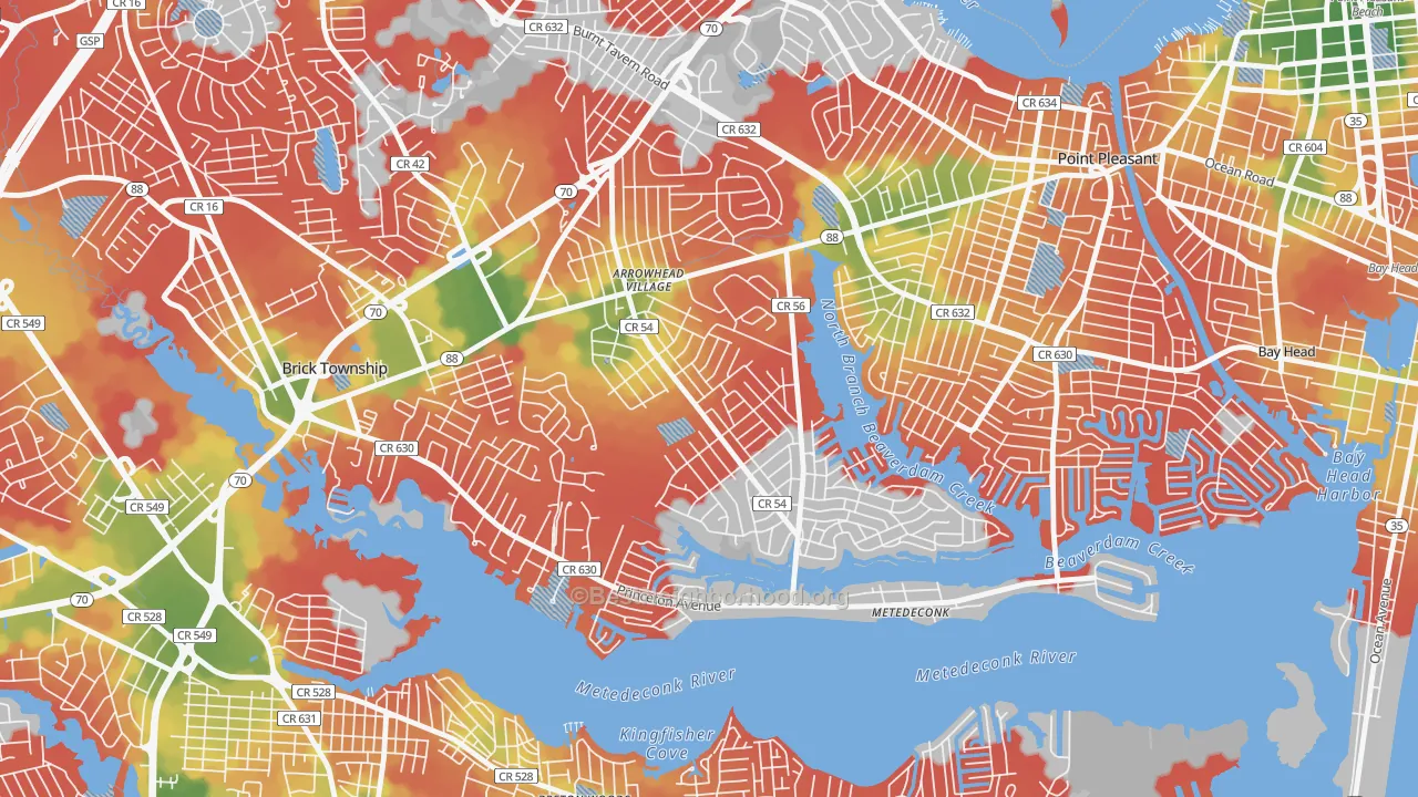 Walk Grade map of Arrowhead Park, Brick, NJ, walkable areas in green and car-dependent areas in red