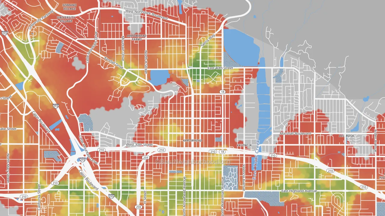 Walk Grade map of Arrowhead, San Bernardino, CA, walkable areas in green and car-dependent areas in red