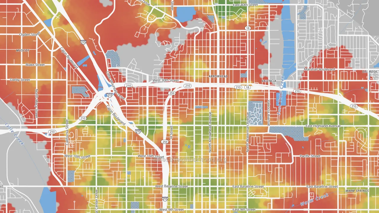 Walk Grade map of Arrowview, San Bernardino, CA, walkable areas in green and car-dependent areas in red