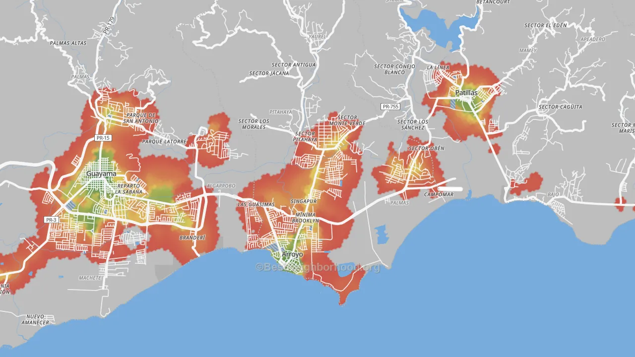 Walk Grade map of Arroyo Municipio, PR, walkable areas in green and car-dependent areas in red