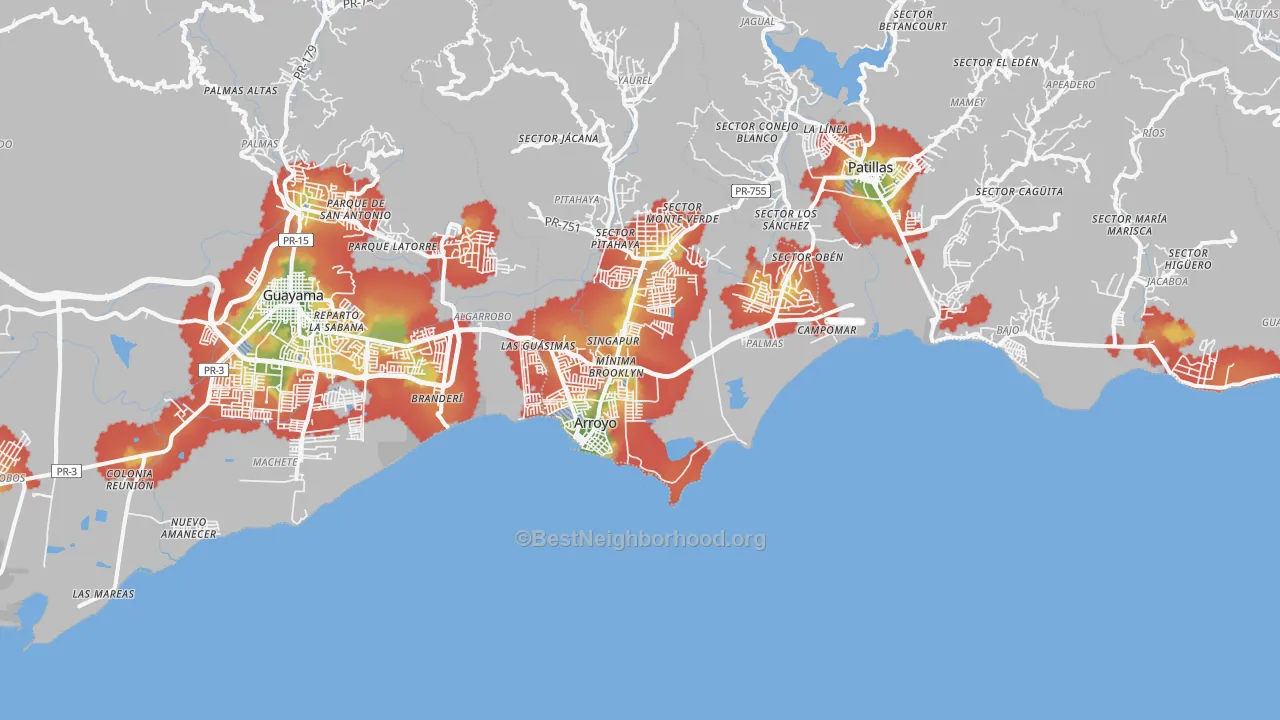 Walk Grade map of Arroyo, PR, walkable areas in green and car-dependent areas in red