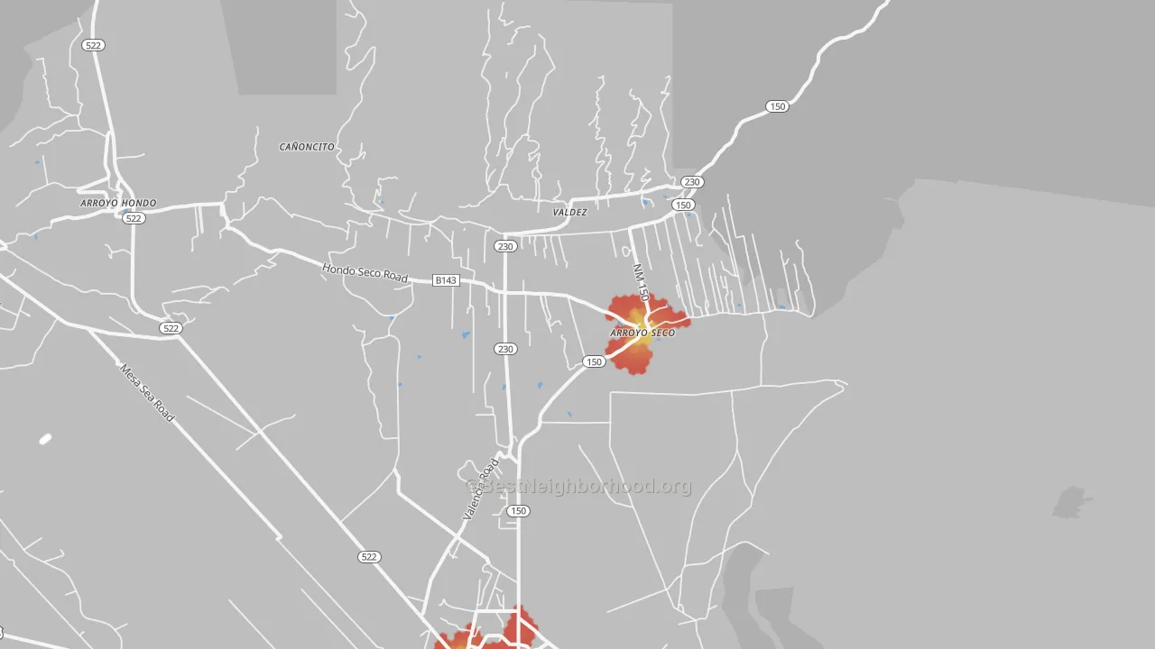 Walk Grade map of Arroyo Seco, NM, walkable areas in green and car-dependent areas in red