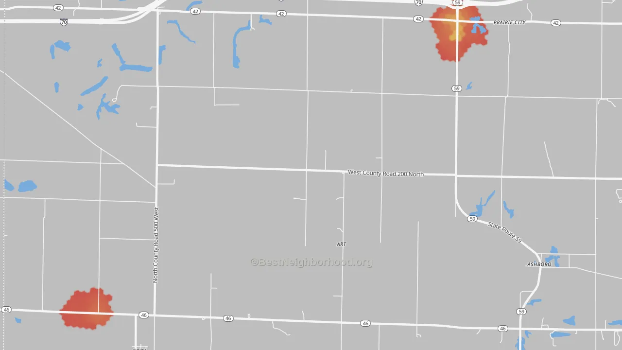 Walk Grade map of Art, IN, walkable areas in green and car-dependent areas in red