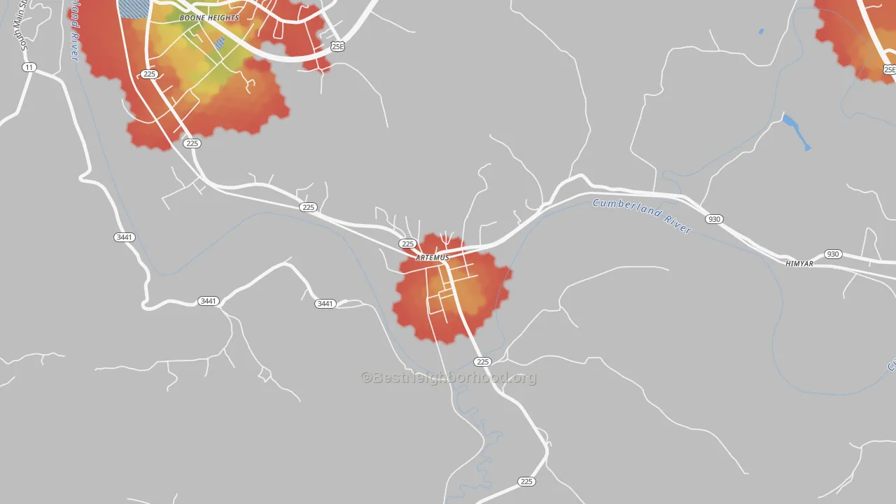 Walk Grade map of Artemus, KY, walkable areas in green and car-dependent areas in red