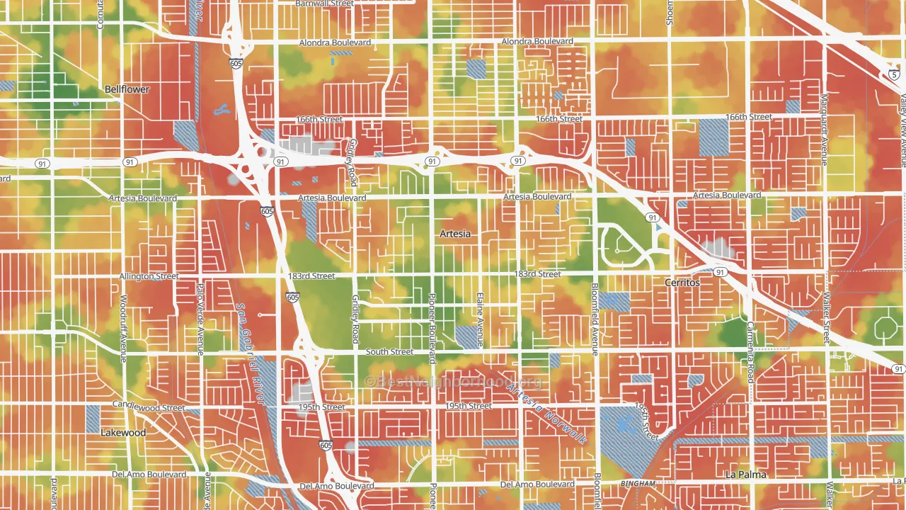 Walk Grade map of Artesia, CA, walkable areas in green and car-dependent areas in red