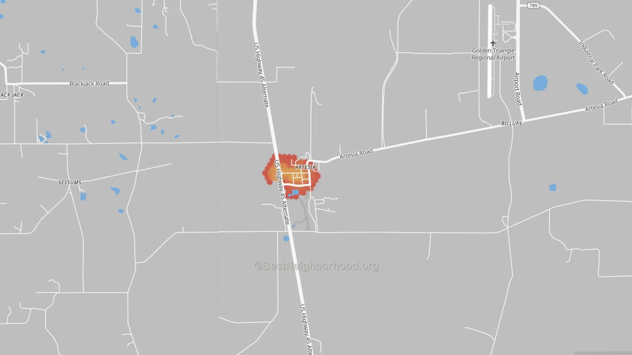 Walk Grade map of Artesia, MS, walkable areas in green and car-dependent areas in red