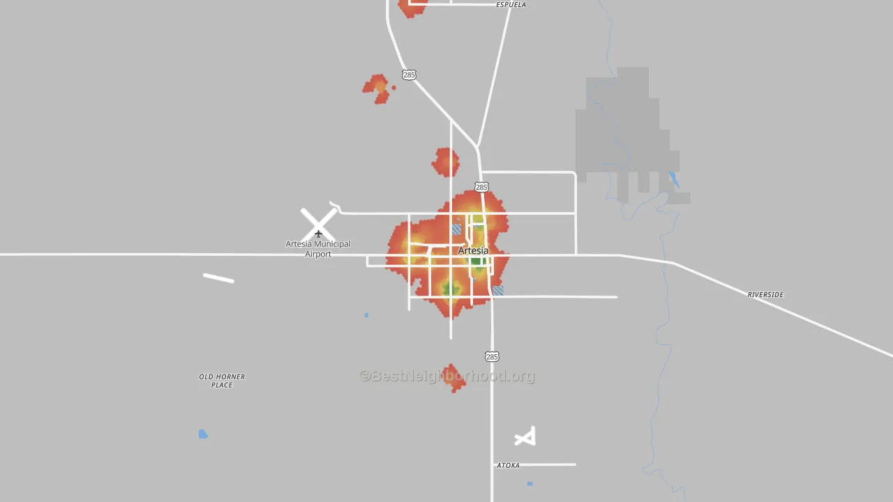 Walk Grade map of Artesia, NM, walkable areas in green and car-dependent areas in red