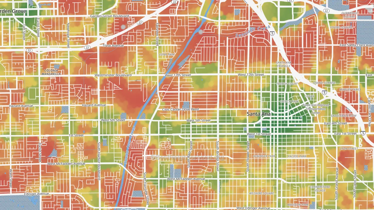 Walk Grade map of Artesia Pilar, Santa Ana, CA, walkable areas in green and car-dependent areas in red
