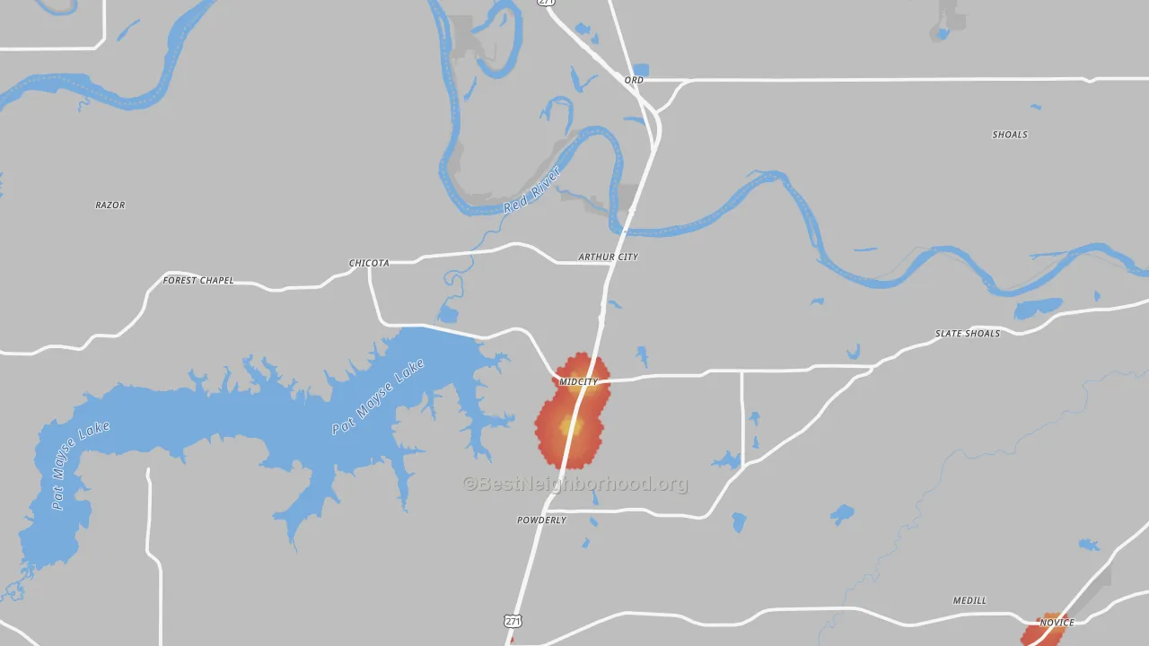 Walk Grade map of Arthur City, TX, walkable areas in green and car-dependent areas in red