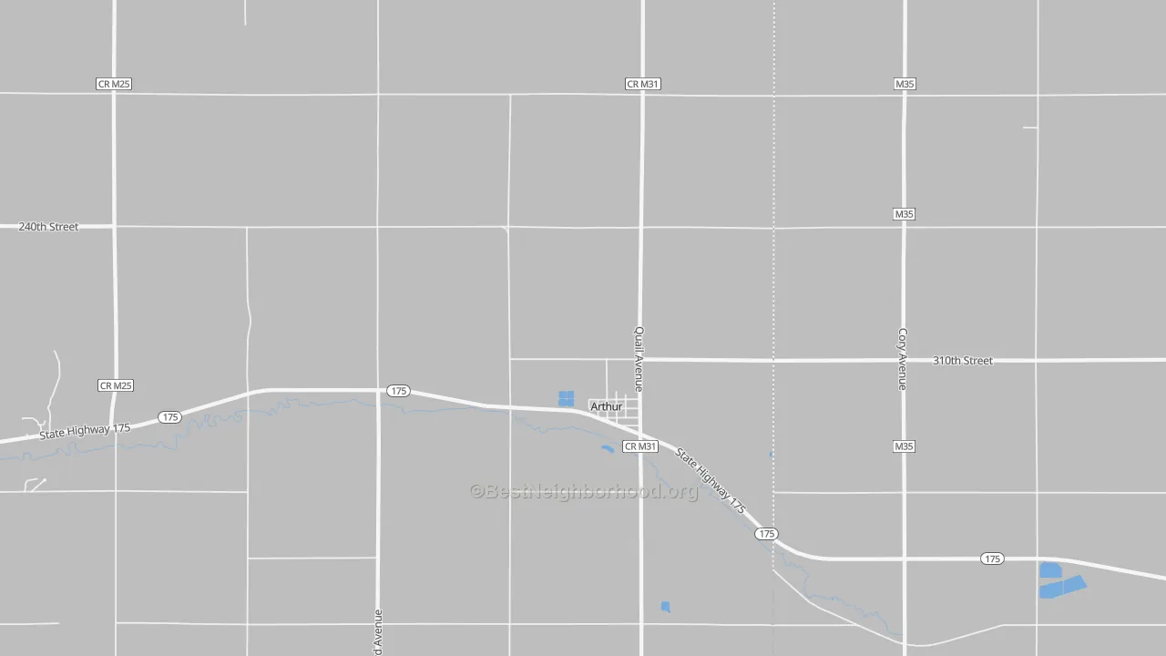 Walk Grade map of Arthur, IA, walkable areas in green and car-dependent areas in red