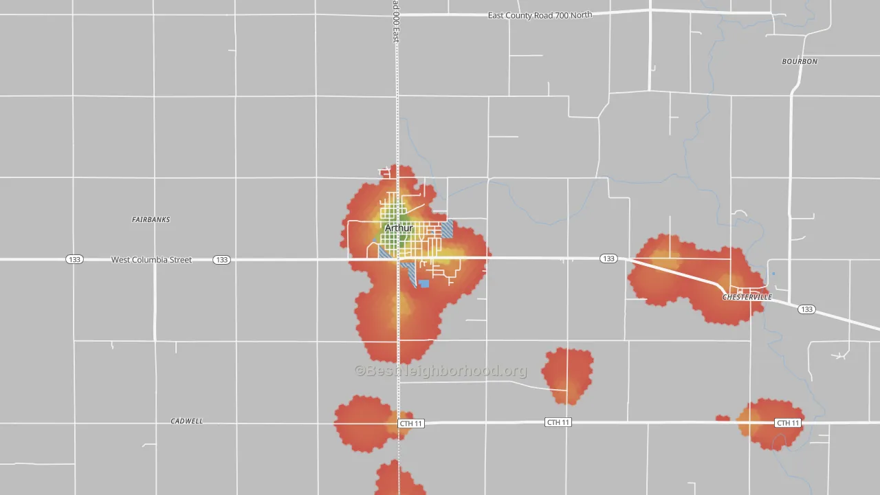 Walk Grade map of Arthur, IL, walkable areas in green and car-dependent areas in red