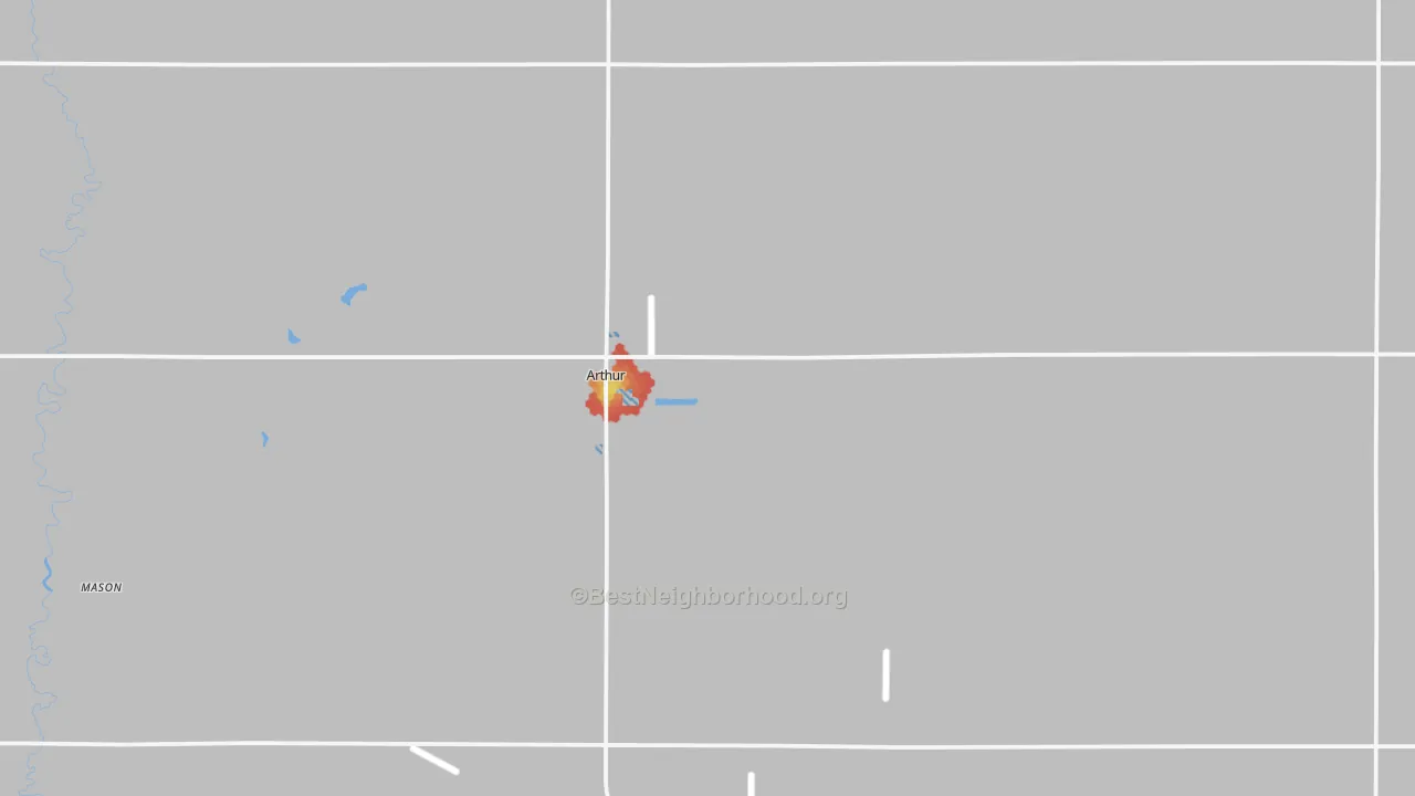 Walk Grade map of Arthur, ND, walkable areas in green and car-dependent areas in red